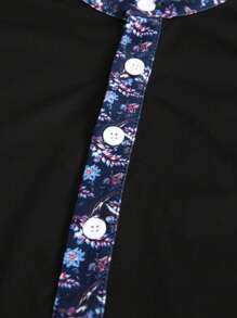 Manfinity Homme Men's Solid Color Buttoned Front Short Sleeve Top & Shorts Set, Minimalist Men Casual Summer Outfit - Navy Blue - View 3