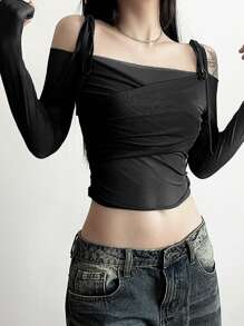 DAZY 女士纯色网眼褶皱短款长袖 T 恤 - 黑色 - 查看 2