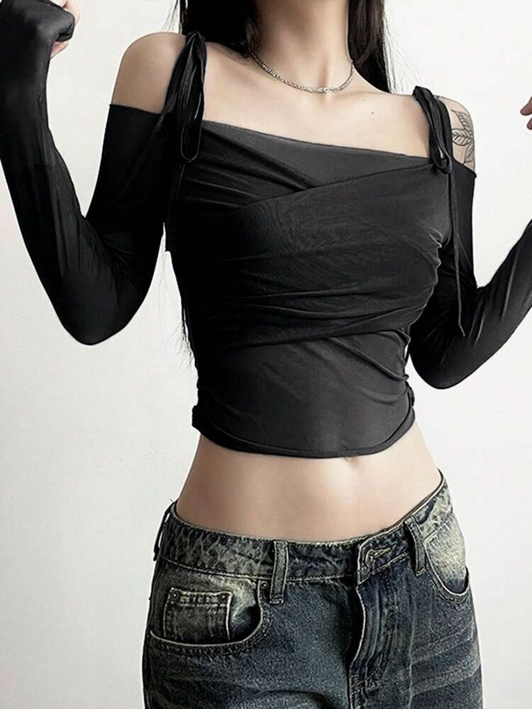 Women's Solid Color Mesh Ruched Crop Long Sleeve T-Shirt Going Out Tops Women