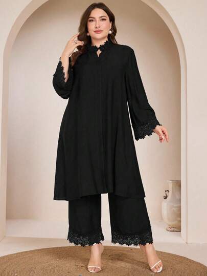 Graceveil Women Plus Size Set - Lace Trim Mock Neck Long Sleeve Blouse & Wide Leg Pants, Comfortable & Stylish Fall Cloth For Women