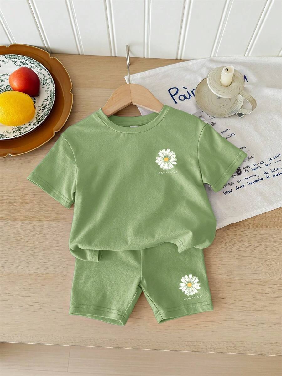 SHEIN Set 2 Potong Baju Pendek Lengan Pendek Kasual Sederhana untuk Anak Perempuan, Cocok untuk Musim Panas - MultiWarna - View 1