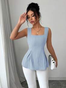 Elenzga Nouvelle blouse élégante et vintage bleu marine avec taille serrée, col carré et sans manches, Collection Printemps/Été 2025 - Bleu ciel - Voir 5