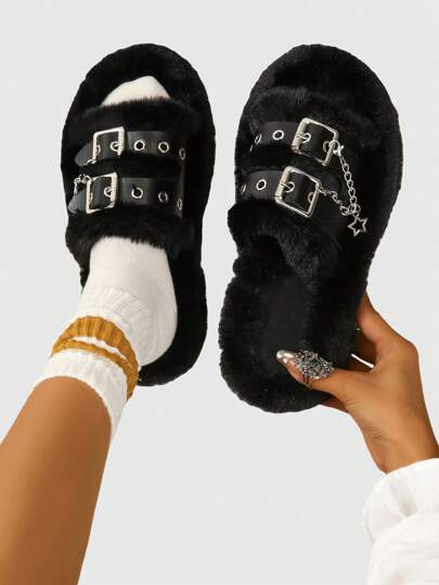 Goth Fashionable And Versatile Outer Wear, High-End Thick-Soled Star Chain Furry Slippers Fall New Year Holiday Valentines Spring Shoes