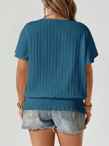 SHEIN LUNE Floral Ruffle Hem Elastic Crew Neck Short Sleeve Blouse, Plus Size - Teal Blue - View 2