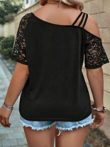 INAWLY Plus Size Asymmetrical Neck Lace Short Sleeve Leopard Heart Print Casual T-Shirt For Spring/Summer