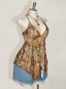 SHEIN ICON Taglie forti, Donna, Primavera ed Estate, Uscire, Vacanza, Casual, Retrò, Stampato, Senza schienale, Halter, Scollo a V, Stile occidentale, Boho, Spiaggia, Hippie, Top a palloncino