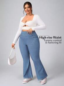 SHEIN Essnce Jeans informales de pierna campana y cintura alta en talla grande lavados