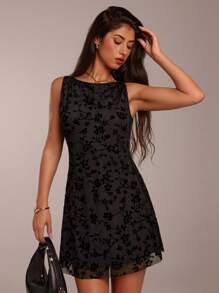 SHEIN Forever 21 Women's Black Mini Dress: Sleeveless Knitted Fabric With Floral Print And Round Neckline, Flared Hem - Black - View 7