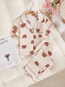Girls Cute Rabbit Print Short Sleeve Cardigan & Long Pants 2pcs Casual Comfy Homewear Set - Apricot - View 3