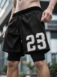 Manfinity EMRG Men's Sports Big Number Print Two In One 2 In 1 Sports Casual Speed ​​Casual Drawstring Waist Shorts, Sweatpants - Black - View 2