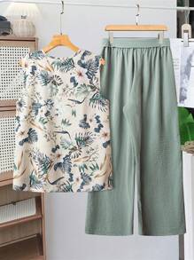 SHEIN VCAY Set di 2 pezzi composto da un top stampato a tema tropicale e pantaloni strutturati, adatto a taglie forti per l'estate