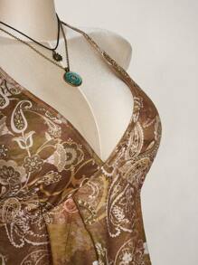 SHEIN ICON Taglie forti, Donna, Primavera ed Estate, Uscire, Vacanza, Casual, Retrò, Stampato, Senza schienale, Halter, Scollo a V, Stile occidentale, Boho, Spiaggia, Hippie, Top a palloncino