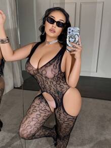 SHEIN Plus Size Women Sexy Lingerie Leopard Print Slim-Fit Fishnet Jumpsuit High Stretch Semi-Sheer Sleeveless Bodycon Shapewear, Suitable For Party, Night Club - Black - View 4