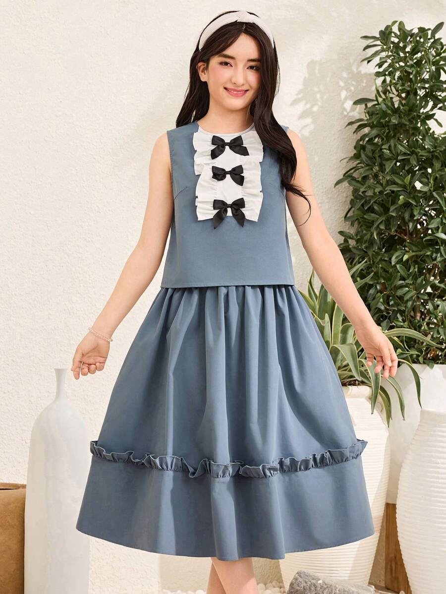 SHEIN 2 Stück/Set Teenager Mädchen Lässig Rundhals Patchwork Kontrast Farbe Rüschen Schleife Dekor Bluse und Rock Set - Pink - Übersicht 1