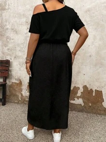 EMERY ROSE Plus Size Women Asymmetric Neck With Waist Belt Bowknot Cold Shoulder Short Sleeve Dress, Asymmetric Hem Casual Dress, Black Summer Long Dress