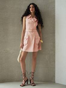 MOTF PREMIUM 双排扣无袖系腰连衣裙 - 粉色 - 查看 7
