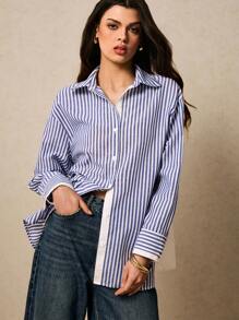 Poéselle Women Casual/Commute Striped Long Sleeve Shirt - Blue and White - View 8