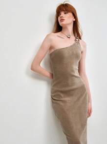 SHEIN LUNE Damen Neu Elegant Hochwertig Design Elastisch Rippstrick Bodycon asymmetrischer Ausschnitt Einschulter Maxikleid