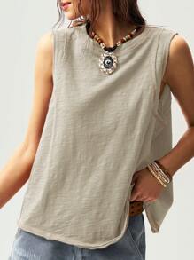 Bohemela Solid Color Knitted Loose Fit Sleeveless Top For Women - Apricot - View 2