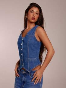 SHEIN Forever 21 Spring&Summer Women Romantic V Neck Seveless Denim Top For Prom/Formal/Birthday/90s/Business Casual Woman/Elegant/Western Wear/Going Out/Fashion/Casual/Y2k/Club/Office /Cocktail/Vintage/Bodycon/Rave Festival/Funny/Classy/Old Money/Streetwear/Vacation/Country Concert/Work /Modest/Spring Break/Bachelorette/Concert/Baddie/Basic/Graduation/Sleeveless/A Line/Blue/Cowgirl/ Denim Top - Blue - View 3