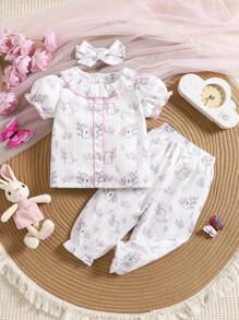 3pcs Baby Girl Floral Rabbit Printed Ruffled Top, Pants & Headband Set, Spring/Summer Home Clothes - Baby Pink - View 7