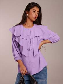 Forever 21 Casual Office Ladies Floral Cutout Purple Polka Dot Ruffle Sleeve Blouse, Spring - Purple - View 5