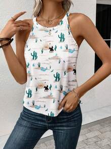 INAWLY Canotta casual a costine con stampa di cactus in stile deserto occidentale - Multicolore - Visualizzare 3