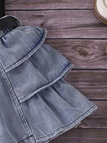 SHEIN Baby Girls' White Blouse + Denim Ruffle Hem Cake Shorts Set - Black - View 4