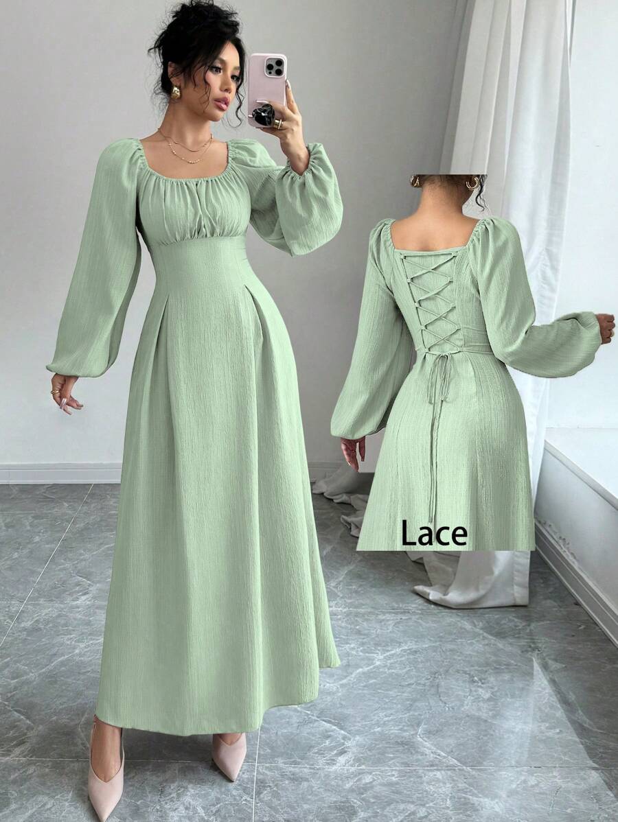 Modelyn 女士优雅长裙，方领，灯笼袖，褶皱，后系带，纯色，适合秋季长款女士装长款晚礼服