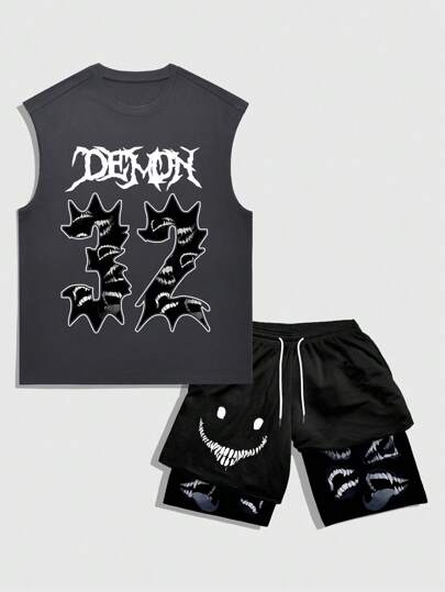 Anime Herren Set mit Cartoon-Muster, bestehend aus Doppelschicht-Shorts und Trägershirt