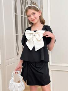 SHEIN Tween Girls 2 bucăți uni guler volanat bluză cu mâneci bufante și seturi de pantaloni pantaloni cu fundă asimetrică, elegant franțuzesc, înapoi la școală, stil dulce doamnă