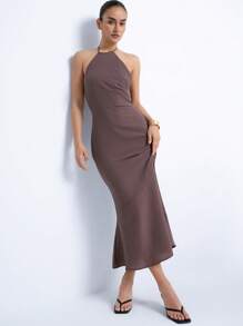 SHEIN Privé Sleeveless Keyhole Neck Bodycon Long Dress For Women, Slimming - Mocha Brown - View 4