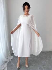 Calvaya Elegant Solid Color 3D Floral Decor Shawl Dress