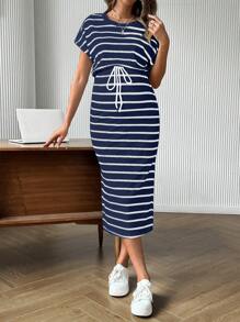 SHEIN H-Line Drawstring Waist Summer Dress, Simple & Fashionable Maternity Dress - Royal Blue - View 3