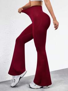 SHEIN Sports Minimalist Fashion Casual Everyday Wine Red Seamless Sports Flared Pants