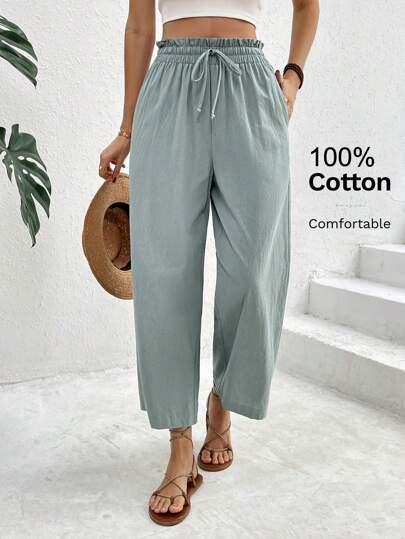 SHEIN Frenchy Women'Women's Solid Color Cotton Ruffle Waist Drawstring Pocket Simple Vacation Casual Cropped Long Tapered Pants Summer Outfits For Women Spring Outfits For Women Flowy Pants 100 Cotton European Summer 100% Cotton Vacation Outfits Woman Winter Green Christmas Holiday Resort
