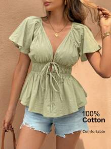 SHEIN Frenchy Women's Solid Color Ruffle Trim Front Tie Fashionable Shirt For Holiday Summer Green Casual Christmas Elegant - Green - View 1