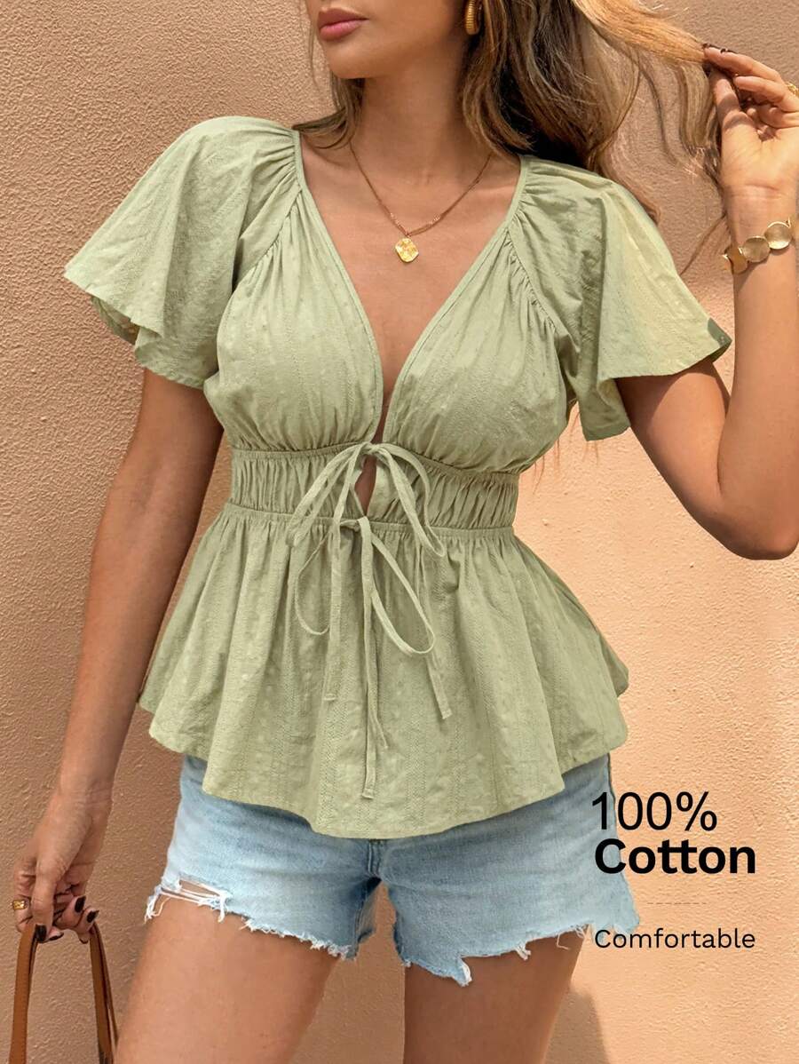 SHEIN Frenchy Women's Solid Color Ruffle Trim Front Tie Fashionable Shirt For Holiday Summer Green Casual Christmas Elegant - Green - View 1