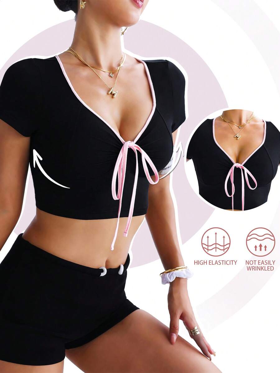 Easithlete Women's Front Tie Short Sleeve Ruched Crop Sports T-Shirt - Black - View 1