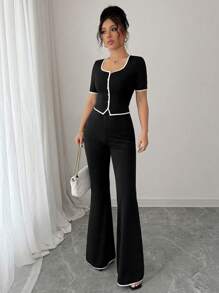Elenzga Conjunto de 2 piezas para mujer con top elegante de botones delanteros y pantalones para uso casual y de oficina