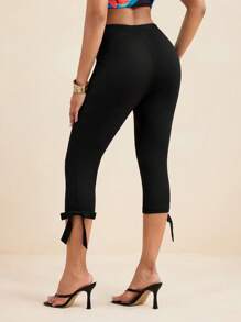 LUNA B Black Solid Color Elastic Waist Bow Carpi Pants Women Summer Vacation Beach Set Yoga Pants