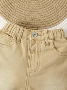 2 Pieces Boys Denim Outfit - And Stylish Casual Vest And Shorts Set - Khaki - View 4