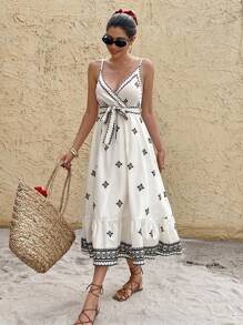 SHEIN Frenchy Women's Vacation Print Ruffle Hem Spaghetti Strap Dress, Summer Beach - Multicolor - View 1