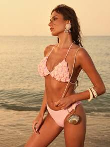 Anewsta Elegant Pink 3D Flower Decor Halter Neck Bikini Set, Summer - Pink - View 1