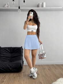 SHEIN EZwear Women's Basic Athleisure Solid Color Simple Casual Skinny Leggings Shorts - Baby Blue - View 7