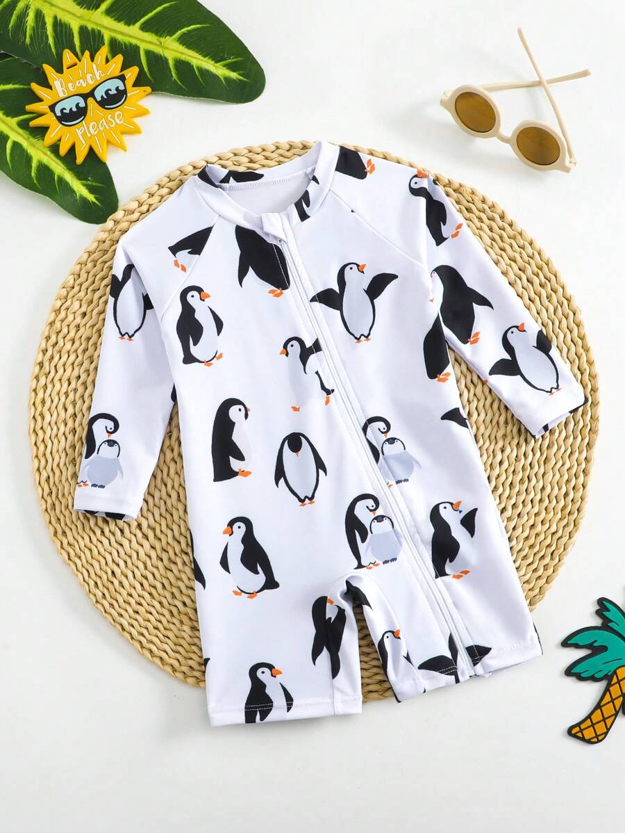 SHEIN 6-9 个月婴儿/宝宝长袖泳衣，可爱螃蟹卡通印花连体泳衣 - 彩色 - 查看 1