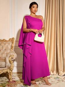 Cravure Vestido con un hombro, volantes y unicolor, estilo de vacaciones, para mujer de talla grande, para fiesta - Rosa Fucsia - Ver 1