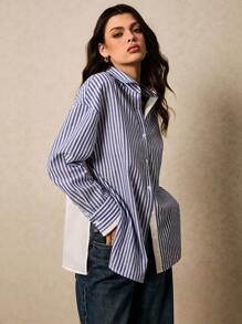 Poéselle Women Casual/Commute Striped Long Sleeve Shirt - Blue and White - View 4