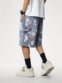 Manfinity Hypemode Pantalones cortos vaqueros holgados y versátiles de pierna ancha con bolsillo de salpicadura de tinta para hombres