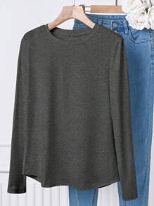 SHEIN LUNE 纯色休闲长袖 T 恤，舒适百搭时尚女士上衣，适合居家和户外穿着 - 深灰色 - 查看 4